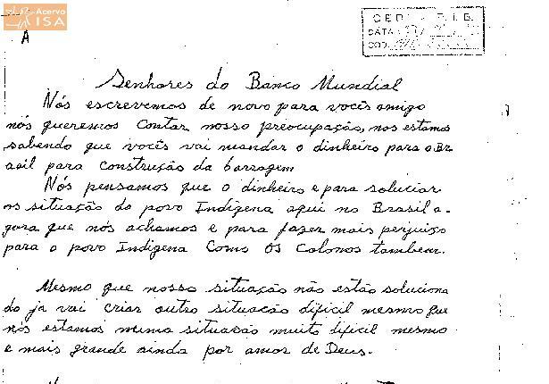 Carta da Comunidade Ava-Guarani, da AI Ocoe, ao Banco Mundial.[]., Acervo