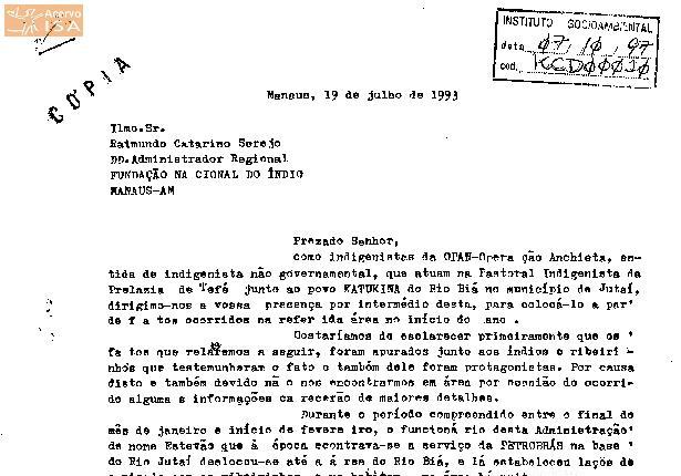 Carta a administracao regional da Funai [denuncia de autorizacao de  retirada de madeira por funcionario da Funai]., Acervo